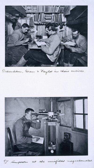 Oben: Debenham, Gran und Taylor in ihrer Kabine. Unten: Dr. Simpson am Unifilar-Magnetometer. Scotts letzte Expedition, Winterreise, 27. Juni - 1. August 1911 von Herbert Ponting